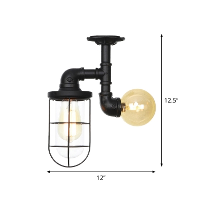 2-Head Clear Glass Semi Flush Industrial Black Cage and Ball/Capsule Restaurant Flush Mount Ceiling Lamp