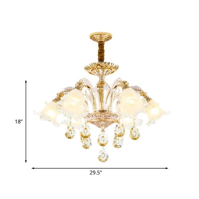 3/6 Heads Chandelier Pendant Light Traditional Bedroom Hanging Lamp Kit with Flower Frosted Glass Shade in Gold