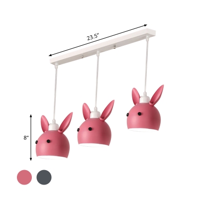 3 Bulbs Dining Room Suspension Pendant Cartoon Pink/Grey Multi Hanging Light with Rabbit Metal Shade