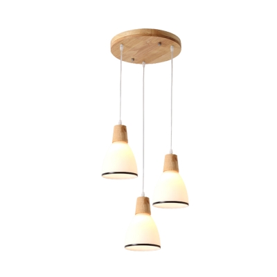 3 Heads Dining Room Multi Light Pendant Japanese Wood Ceiling Hang Fixture with Bell White Glass Shade