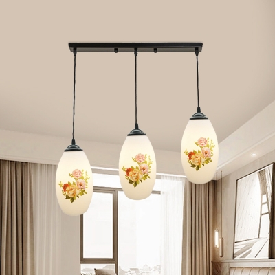 3-Light White Glass Multi Ceiling Light Country Style Black Elongated Dome Hanging Pendant with Flower Pattern, Round/Linear Canopy