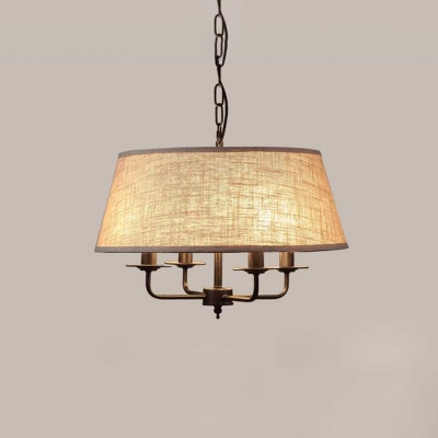 4-Bulb Ceiling Chandelier Antiqued Dining Room Pendulum Light with Drum Fabric Shade in Beige/Green