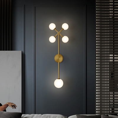 5 Bulbs Bedside Sconce Light Postmodern Gold Wall Mount Lamp with Branchlet Ivory Glass Shade