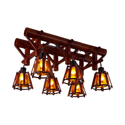 6 Lights Semi Flush Mount Lighting Retro Cone Wood Ceiling Light Fixture in Brown with Inner Yellow Water Glass Shade
