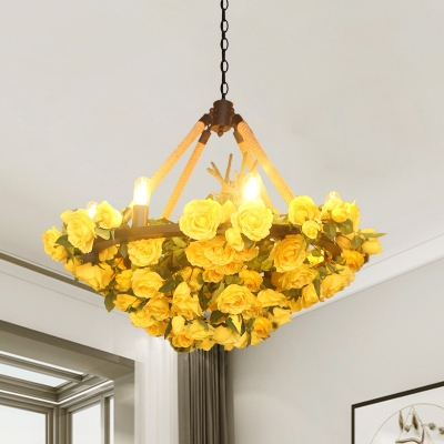 Bare Bulb Iron Ceiling Light Factory 6 Heads Restaurant Rose Chandelier Lighting Fixture with Rope in Yellow/Pink/Pink and Yellow
