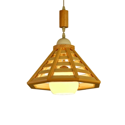 Beige Cone Cage Ceiling Pendant Light Modernist 1-Head Wood Hanging Lamp Fixture over Table
