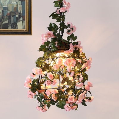 Black 1-Head Suspension Light Farmhouse Iron Barn/Diamond/Jar Wire Cage Flower Pendant Lighting with Wooden Cap