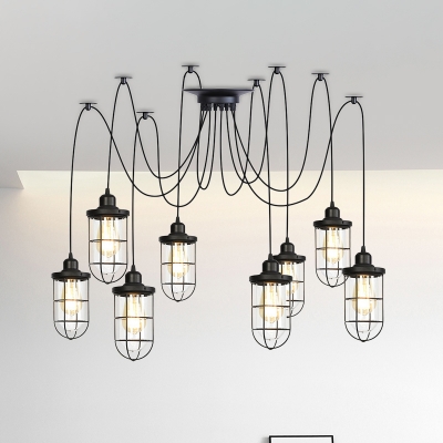 Black 2/3/6 Heads Multi Light Pendant Antiqued Clear Glass Wire Cage Swag Hanging Ceiling Lamp