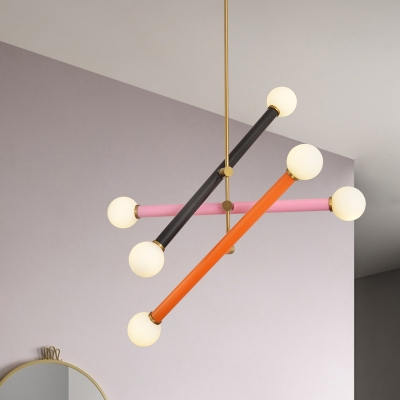 Black-Pink-Orange Linear Chandelier Light Contemporary 6 Heads Metallic LED Hanging Pendant