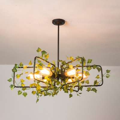 Black Round/Rectangle Plant Chandelier Warehouse Metal 6 Bulbs Dining Table Ceiling Suspension Lamp