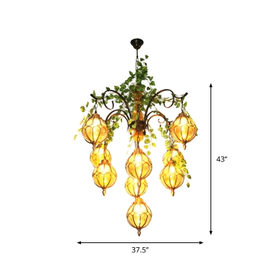 Brass 5/9 Bulbs Pendant Chandelier Industrial Amber Glass Globe Hanging Ceiling Light with Plant Decor