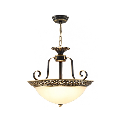 Brass Bowled Hanging Chandelier Antiqued Opaline Glass 3 Bulbs Parlor Drop Lamp with Cutouts Trim