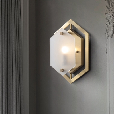 Brass Finish Hexagon Wall Sconce Light Postmodern 1 Bulb Metallic Wall Mount with Translucent Glass Shade