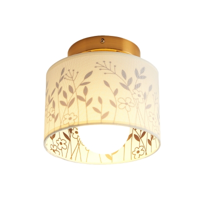 Brass Single Semi Flush Mount Rural Elk/Leaf Printed Fabric Short Cylinder Ceiling Light Fixture
