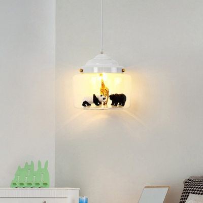 Canning Jar Clear Glass Pendant Kids 1 Head Black/White Suspended Lighting Fixture with Animal Statue