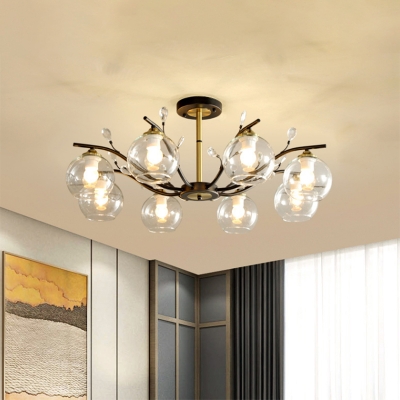 Clear/Cream Glass Branching Semi Flush Postmodern 8 Bulbs Black-Brass Ceiling Mount Chandelier with Dome Shade