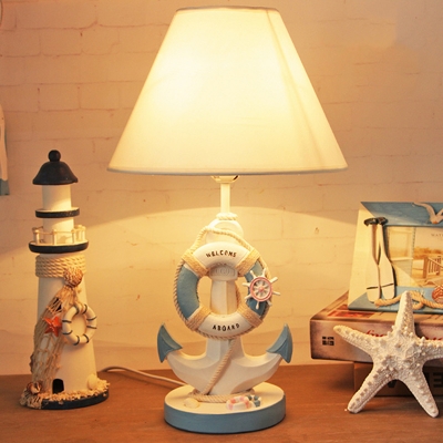 Cone Shade Kids Bedside Night Lamp Fabric 1 Head Coastal Table Light with Anchor and Life Buoy Base in Light/Dark Blue