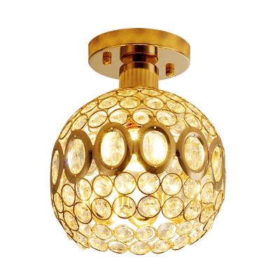 Crystal Embedded Ball Semi Flush Minimalism 1 Head Hallway Ceiling Flush Mount in Gold