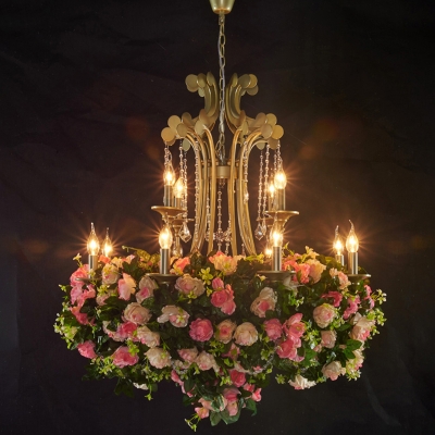 Crystal Gold Ceiling Pendant Light Candle 12 Lights Vintage Flower Chandelier Lighting Fixture
