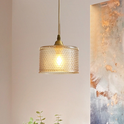 Drum Dining Room Pendant Light Retro Cognac Hammered Glass 1 Bulb Brass Hanging Lamp Kit