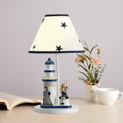 Fabric Cone Table Lighting Mediterranean Style 1 Light White/Blue Night Lamp with Lighthouse and Boy/Girl Deco