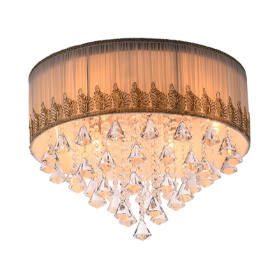 Fabric Drum Ceiling Lamp Modern 4-Light Bedroom Flush Light with Diamond Clear Crystal