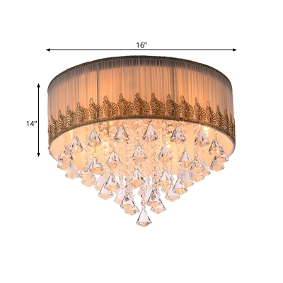 Fabric Drum Ceiling Lamp Modern 4-Light Bedroom Flush Light with Diamond Clear Crystal