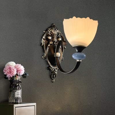 Floral Stairway Up Wall Mount Lamp Vintage Cream Glass 1/2-Light Black Wall Sconce Lighting