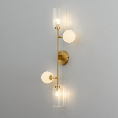 Gold Finish Pencil Arm Sconce Lighting Post-Modern 4 Heads Metallic Wall Lamp with Clear and White Glass Shade