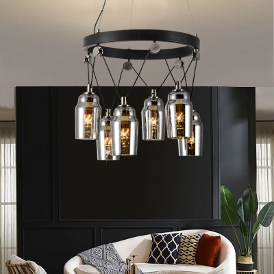 Industrial Jar Shape Ceiling Chandelier 6 Bulbs Clear Glass Pendulum Light in Black with Ring Design