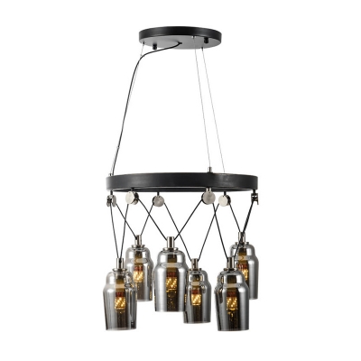 Industrial Jar Shape Ceiling Chandelier 6 Bulbs Clear Glass Pendulum Light in Black with Ring Design