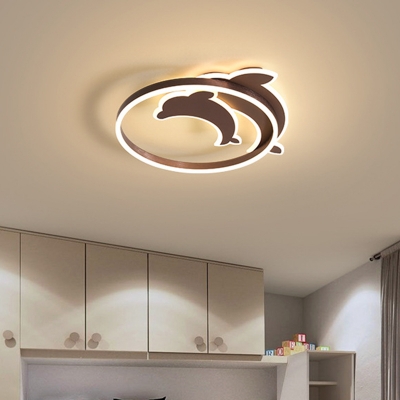 Kids LED Flush Mount Light Fixture Gold/Coffee Finish Dolphin Ceiling Lighting with Acrylic Shade