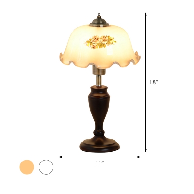 LED Night Table Light Country Style Bedroom Nightstand Lamp with Floral Tan/Cream Printing Glass Shade