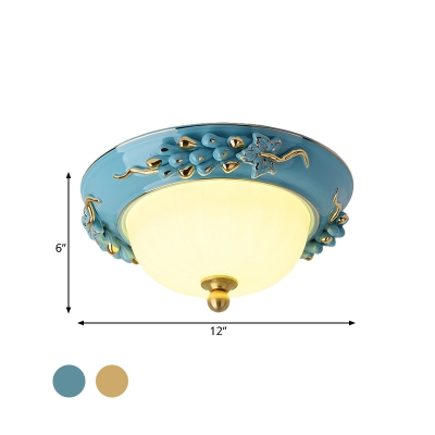 LED Opal Glass Flush Mount Lighting Pastoral Style Yellow/Blue Bowl Shade Ceiling Light with Ceramic Fruit/Flower Design, 12