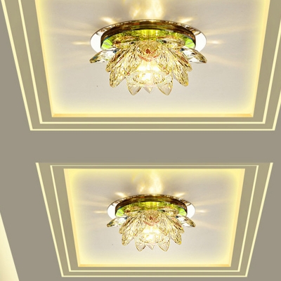 Lotus Foyer Flush Mount Light Minimalist Crystal LED Chrome Ceiling Fixture in Warm/White Light