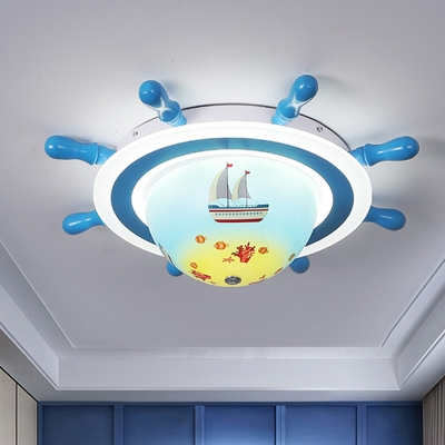 Mediterranean Rudder Flushmount Metallic LED Bedroom Flush Light Fixture in White and Blue with Acrylic Shade