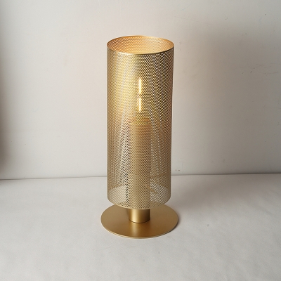 Mid Century Single-Bulb Table Lamp Gold Mesh Column Nightstand Light with Iron Lampshade