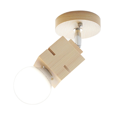 Mini Cuboid Rotating Wall Lamp Minimalist Wood Single Beige Sconce Light with Exposed Bulb Design