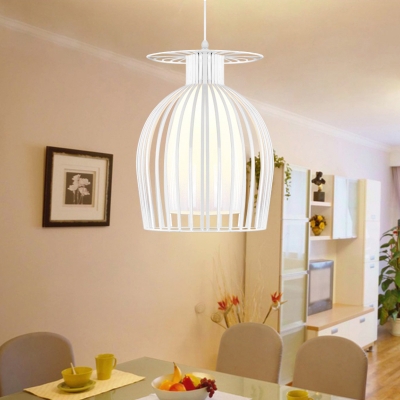 Modern Cup Cage Pendant Iron 1 Light Restaurant Ceiling Hang Fixture in White with Opal Glass Shade