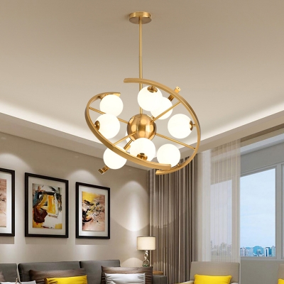 Modern Orb Pendant Chandelier White Frosted Glass 9-Light Living Room LED Star Hanging Light in Gold