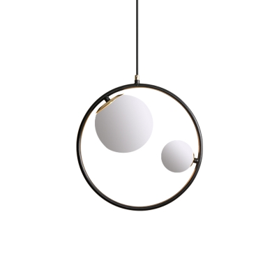 Modernist 2-Light Chandelier Black Circle Hanging Lamp Kit with Orb Frosted Glass Shade