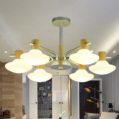 Mushroom Semi Flush Mount Modernism Opal Frosted Glass 5/6-Head Wood Flushmount Lamp for Living Room