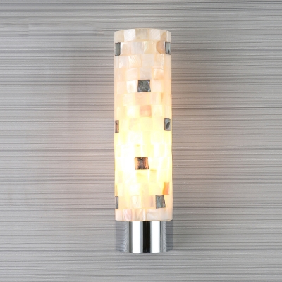 Natural Shell Cylinder Patchwork Sconce Modernist Single-Bulb Chrome Wall Light Fixture