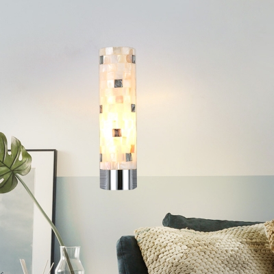 Natural Shell Cylinder Patchwork Sconce Modernist Single-Bulb Chrome Wall Light Fixture