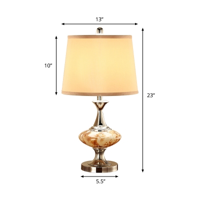 Nickel 1-Light Night Lamp Vintage Gradient Amber Glass Oval Table Lighting with Fabric Lamp Shade