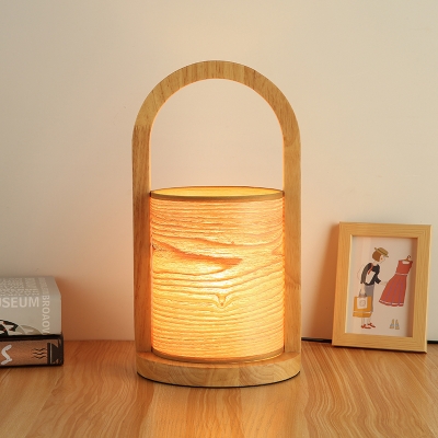 Oval Ring Night Table Light Simple Wood 1 Light Bedroom Night Lamp with Cylinder Shade