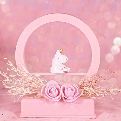 Pink/Blue Unicorn and Ring Night Light Cartoon LED Resin Mini Night Table Lamp with Dried Flower Deco