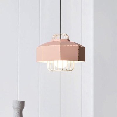 Polygon Drop Pendant Light Macaron Iron 1 Light Grey/Pink/Yellow Finish Suspension Lamp with Cage