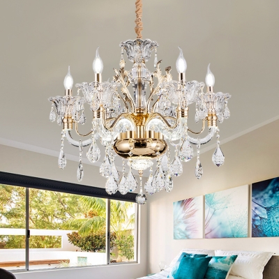 Retro Candle Style Chandelier 6/8 Heads Crystal Suspension Pendant Light with Bell Shade in Gold