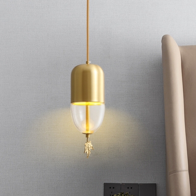 Simple Mini Capsule/Oval/Stout Pendant 1 Light Transparent Glass Suspension Lighting in Brass, 3.5